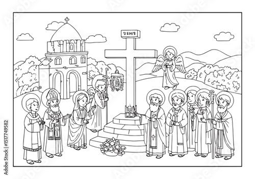 Coloring Book Page Depicting a Religious Ceremony with Saints an