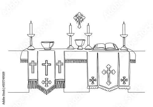 Detailed coloring page of altar linen with cross and candles des