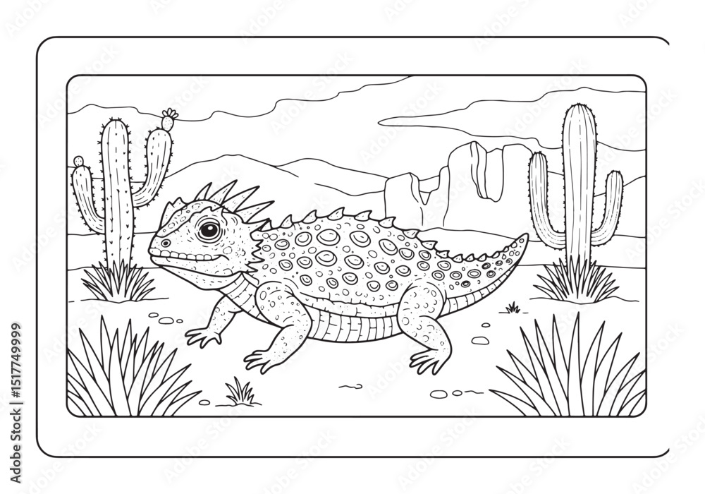 Fototapeta premium Horned Lizard coloring page with desert landscape illustration i
