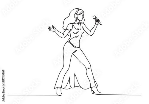 Female disco singer in continuous line drawing, black and white