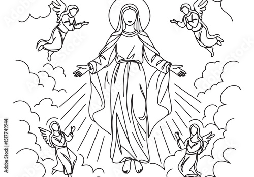 The Assumption of Mary Coloring Page with Angels and Heavenly Li
