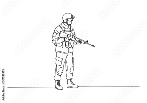 Continuous Line Drawing of a Soldier Holding Rifle in Black and
