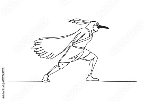 Elegant continuous line drawing illustration depicting a tengu w