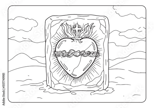 Sacred Heart Coloring Page, A Detailed Black and White Illustrat