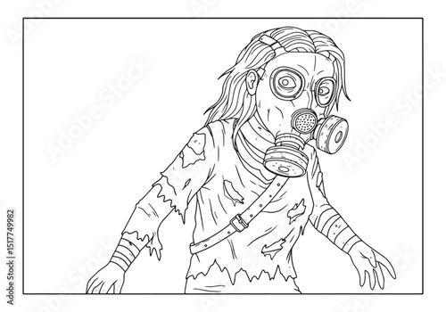 Detailed coloring page depicting a girl wearing a gas mask in a