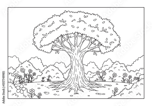 Enchanting forest tree and flower glade coloring page for relaxa