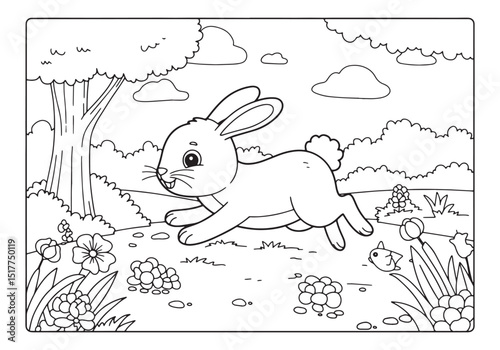Enchanting rabbit leaping through a whimsical coloring page land