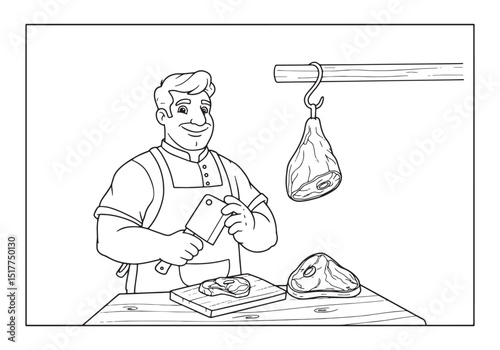 Friendly Butcher Preparing Fresh Meat in Black and White Colorin
