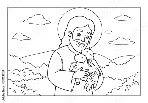 Illustration of Jesus holding a lamb suitable for coloring book