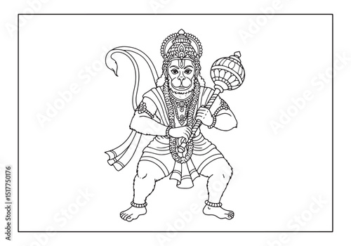 Detailed black and white line art of Hanuman for coloring activi