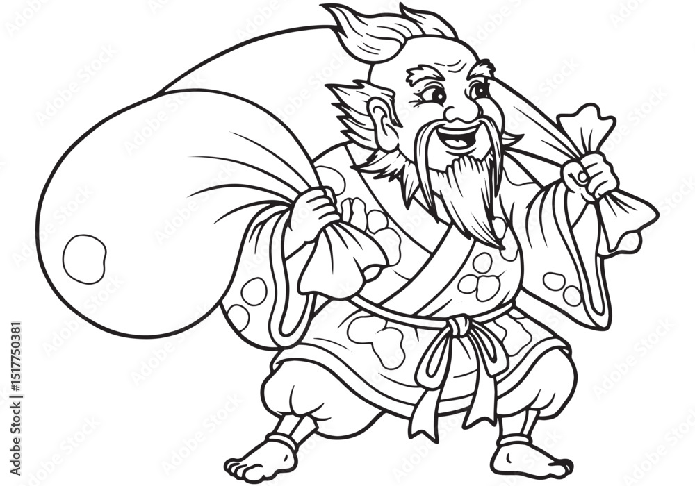 Fototapeta premium Coloring book illustration of Hotei, the jolly god of abundance