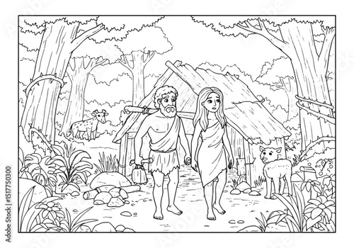 Adam and Eve Coloring Page for Bible Story Illustrations, Black