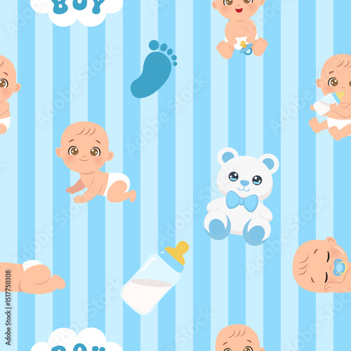 Cute baby boy blue seamless pattern