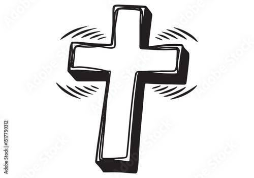3D Glowing Cross in Continuous Line Art, Black and White Illustr