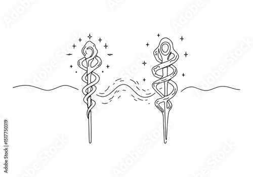Enchanted Staffs in Conversation - A Minimalist Illustration of