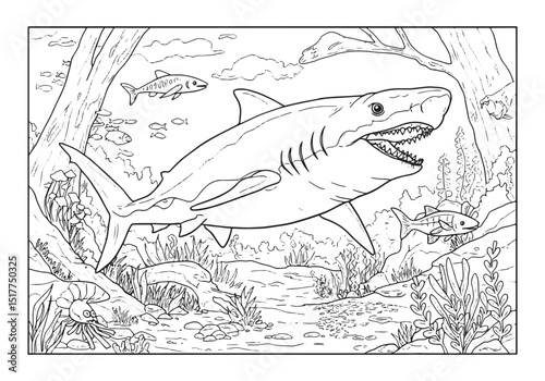 Detailed Megalodon Illustration for Coloring Books, Marine Life