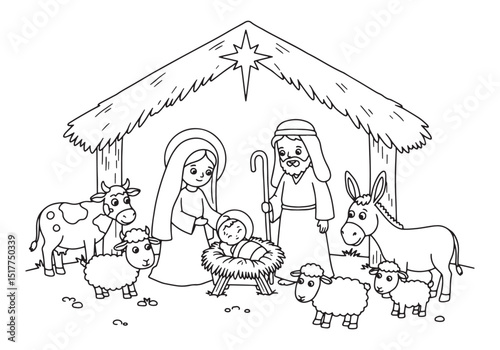 The Nativity Scene, A Coloring Book Page for Children's Activity