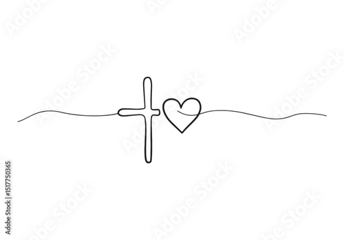 Continuous line drawing of a cross and heart illustrating faith