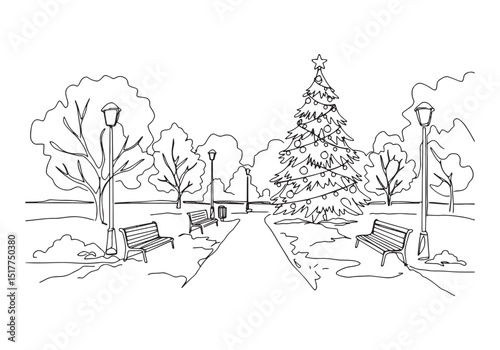 Winter Wonderland, Coloring Book Style Illustration of Snowy Par