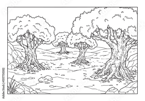 The Garden of Gethsemane, An intricate coloring book illustratio