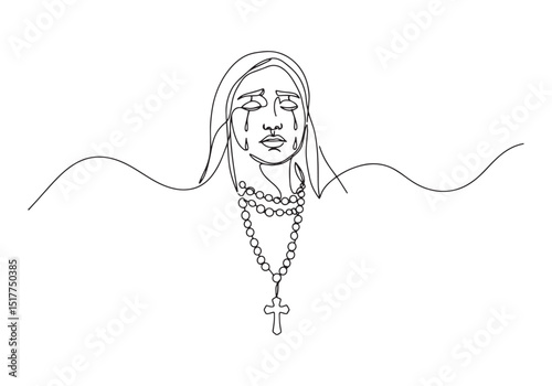 Continuous Line Drawing of Weeping Virgin Mary with Rosary Beads