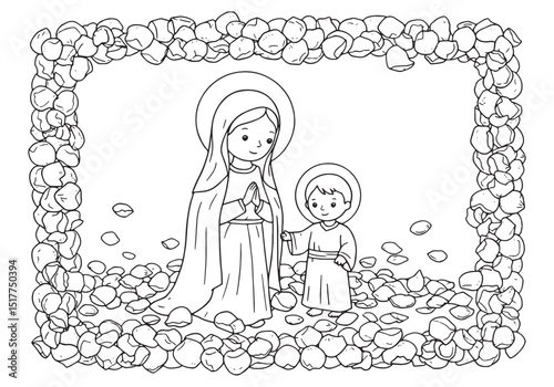 Mary and Jesus Surrounded by Rose Petals, A Coloring Book Illust