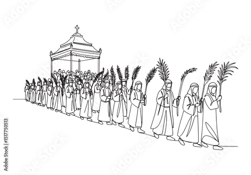 Elegant oneline drawing of Palm Sunday procession with palm leav