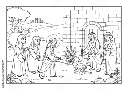 Black and White Illustration of Jesus Healing a Deaf and Mute Ma