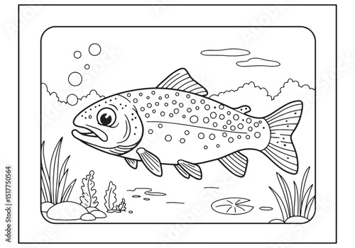 Detailed trout illustration in black and white for coloring acti
