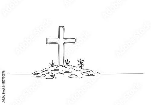 Conceptual continuous line drawing of a cross with new plant lif