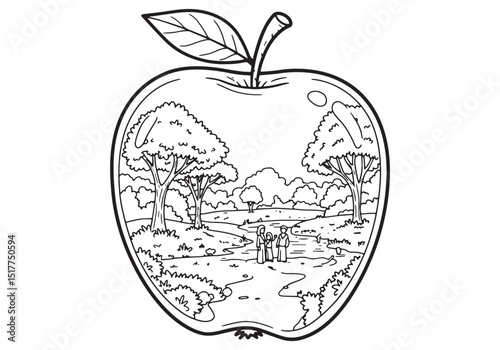 Apple-Shaped Coloring Book Illustration, A Scenic Reflection of
