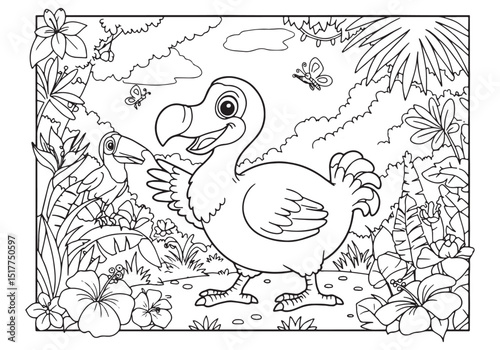 Adorable dodo bird in jungle coloring page illustration, black o