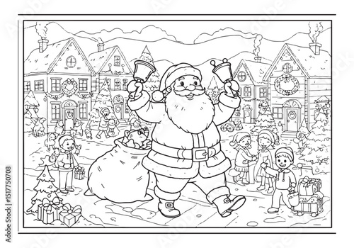 Festive Santa Claus Ringing Bells in a Whimsical Christmas Scene