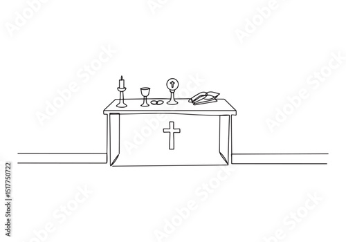 Minimalist continuous line drawing of a church altar featuring s