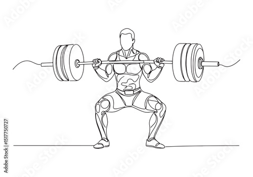 Continuous Line Art of Male Weightlifter Squatting with Barbell