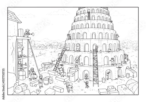 Illustration of the Tower of Babel Construction Site in Coloring