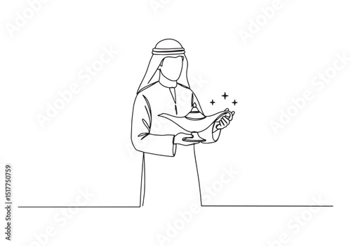 Single continuous line drawing of young arabian holding magic la