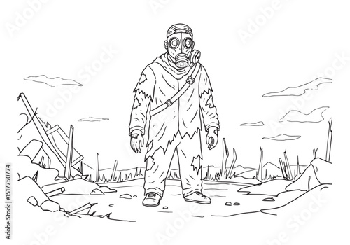 Dystopian Future Coloring Page, Male Figure in Gas Mask Amidst R