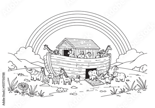 Noah's Ark Coloring Page with Animals Under a Rainbow Illustrati