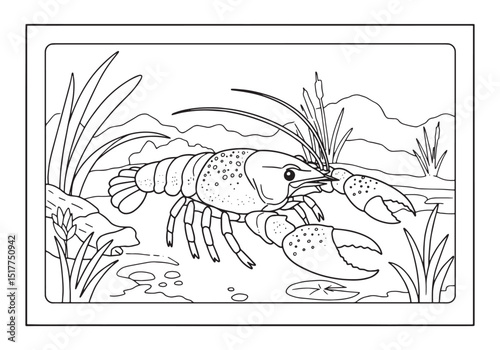 Crayfish coloring page with a river scene in a detailed black an