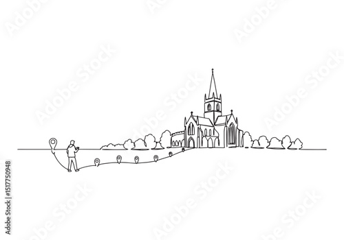 Continuous Line Illustration of a Church Pilgrimage with Navigat
