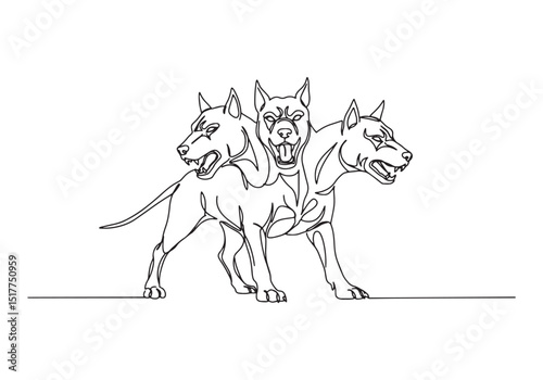 Continuous Line Drawing of Cerberus Three-Headed Dog in Black an