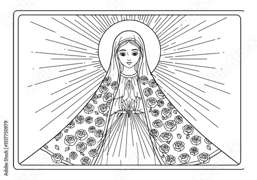 Mystical Mary Coloring Page, Intricate Floral Designs and Religi