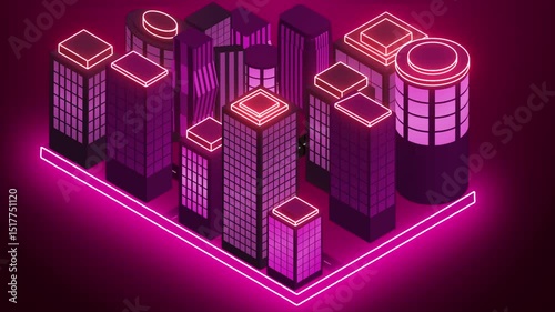 Futuristic neon Isometric City in 4K. Abstract neon design animation city for advertisement, Social Networks, and Marketing.City Scenes for Internet Marketing.Technology video material animation. 