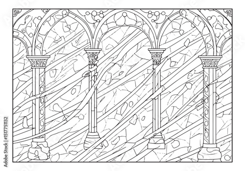 Flickering stained pillars in coloring book style, detailed draw