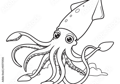 Cartoon Giant Squid Coloring Page Black and White Line Art Illus