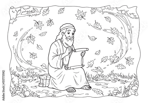 Jeremiah diligently writing scripture in an autumn coloring page