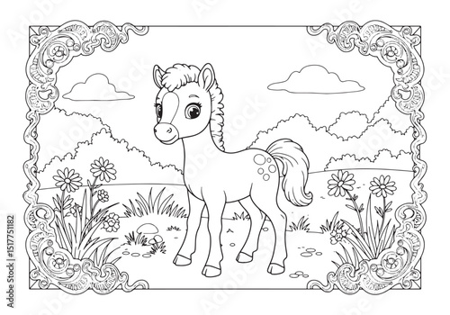 Adorable Foal Coloring Page, A Delightful Black and White Illust