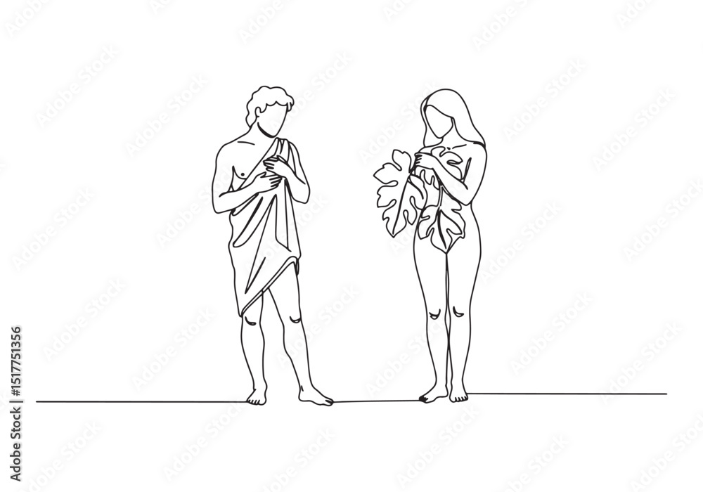 Fototapeta premium Adam and Eve continuous line drawing in minimalist style, a symb