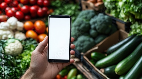 Hand holding smartphone with white screen against vegetables in store background